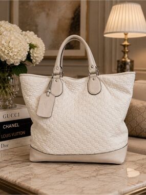 Authentic Gucci Guccissima Padded Embossed GG Leather Trim Large Tote Bag Ivory
